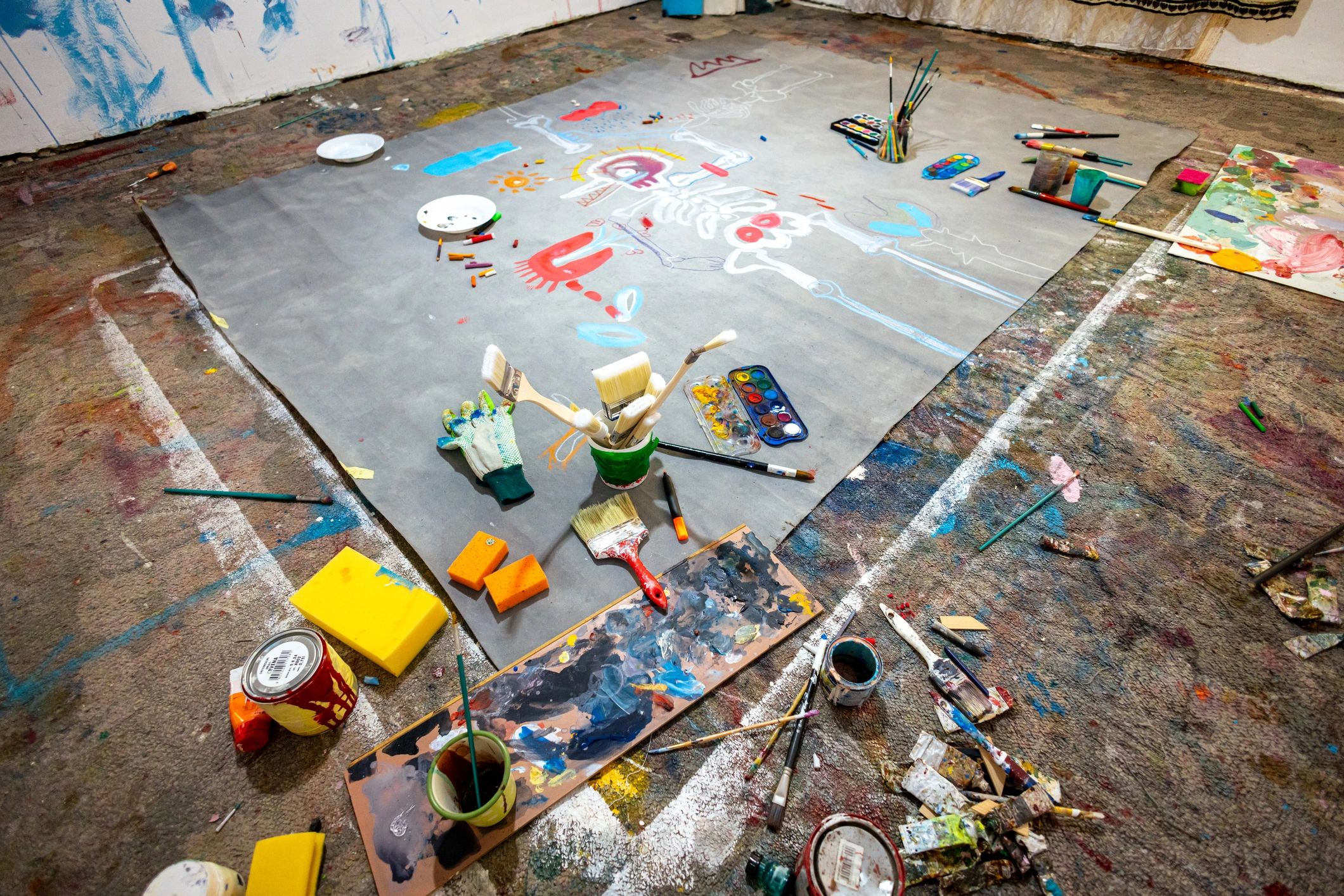 Creative art studio with large abstract canvas